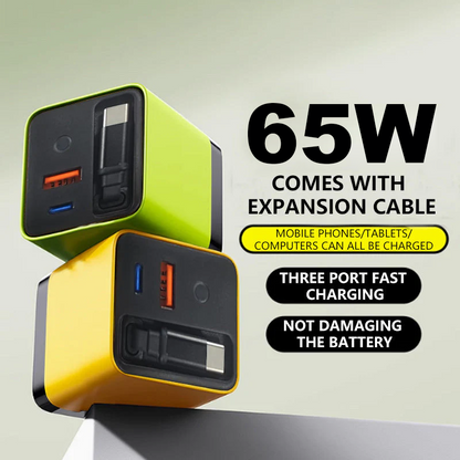 Carregador de celular com carregamento rápido de 65W, bloco carregador com cabo Tipo-C retrátil de 80 cm