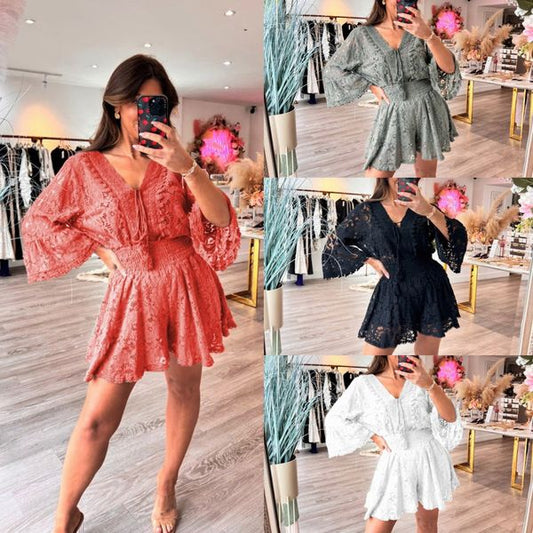 💕Promoção Limitada 75% de Desconto💕 Conjunto Casual Curto Gola V com Renda