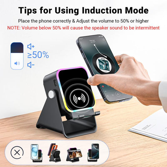 🔥Oferta limitada de 50% de desconto!🔥 Caixa de som Bluetooth sem fio 5 em 1 com função de indução (carregamento por indução) e suporte ajustável para celular.