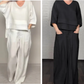 💎Conjunto de 2 peças em Algodão-Linho com Barra Irregular – Blusa Decote V + Calça Pantalona, Respirável e Facilmente Estiloso 🍂👚