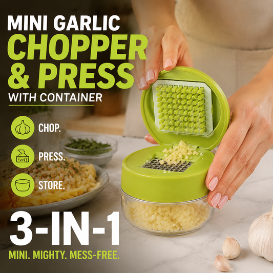 Picador e espremedor de alho mini com recipiente