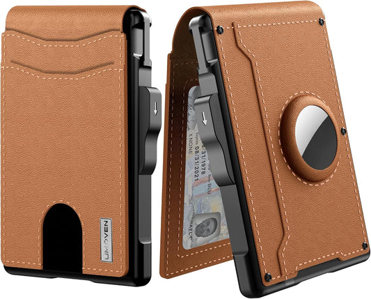 ✨Carteira Masculina com AirTag e Porta-Moedas em Alumínio - Carteira de Couro Slim com Slots para Cartões de Crédito, Bloqueio RFID, Bi-Fold e Minimalista