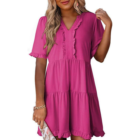 🔥🌈Promoção de Verão 2026 com 50% de Desconto🌈 Vestido casual feminino decote V com babados, modelo A solto e fluido