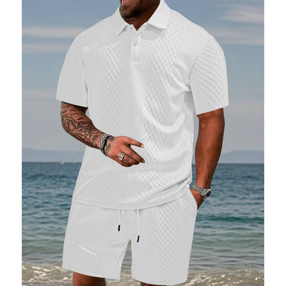 Conjunto Masculino 2 Peças – Camisa de Gola Dobrada com Estampa de Diamantes e Bermuda com Cordão Ajustável