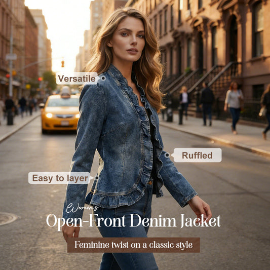 🧥 50% DE DESCONTO AGORA! 🌸 Jaqueta jeans feminina aberta com babados – leve e delicada – versátil e elegante 👗