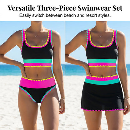 👙🌊Conjunto de Biquíni Feminino de 3 Peças – Cintura Alta, Bloco de Cores e Design Zig-Zag para Praia e Férias