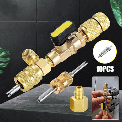 ❄️ 50% DE DESCONTO AGORA! 🔩 Ferramenta de Remoção de Núcleo de Válvula AC – Portas SAE Duplas, Latão Maciço, Inclui 10 Núcleos Extras 🔧