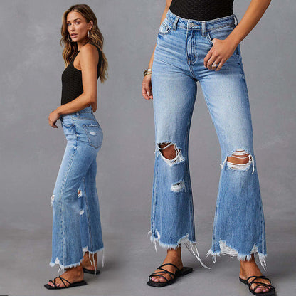 👋 50% DE DESCONTO AGORA! ✨ Calça Jeans Feminina Cintura Alta Flare Rasgada – Detalhes Desgastados, Pernas Flare Curtas e Jeans Elástico de Alta Qualidade 💙