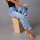 👋 50% DE DESCONTO AGORA! ✨ Calça Jeans Feminina Cintura Alta Flare Rasgada – Detalhes Desgastados, Pernas Flare Curtas e Jeans Elástico de Alta Qualidade 💙