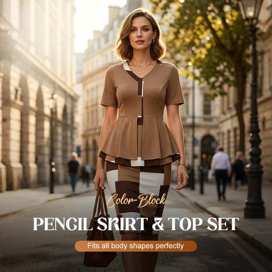 Conjunto composto por saia lápis e blusa em cores contrastantes