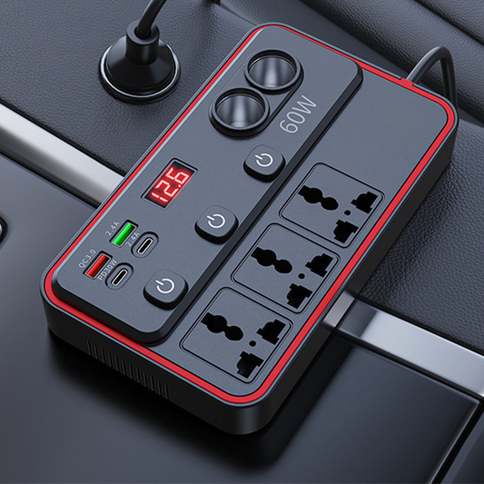 Carregador Multifuncional para Carro com Tomadas CA e USB